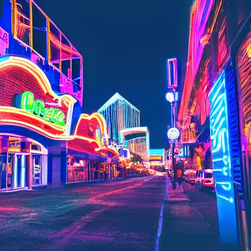 Prompt: 4k Street view of a city of blue neon lights in the style of Las Vegas, Pexels stock photograph