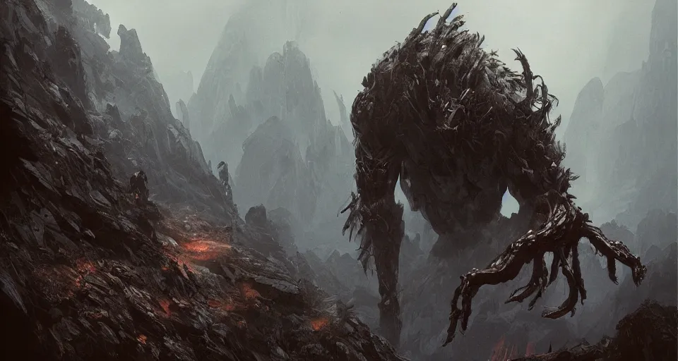 Image similar to a giant monster with many limbs crawling across a misty mountainous landscape, dramatic lighting, illustration by francois baranger, greg rutkowski, yoji shinkawa, 4 k, digital art, concept art, trending on artstation