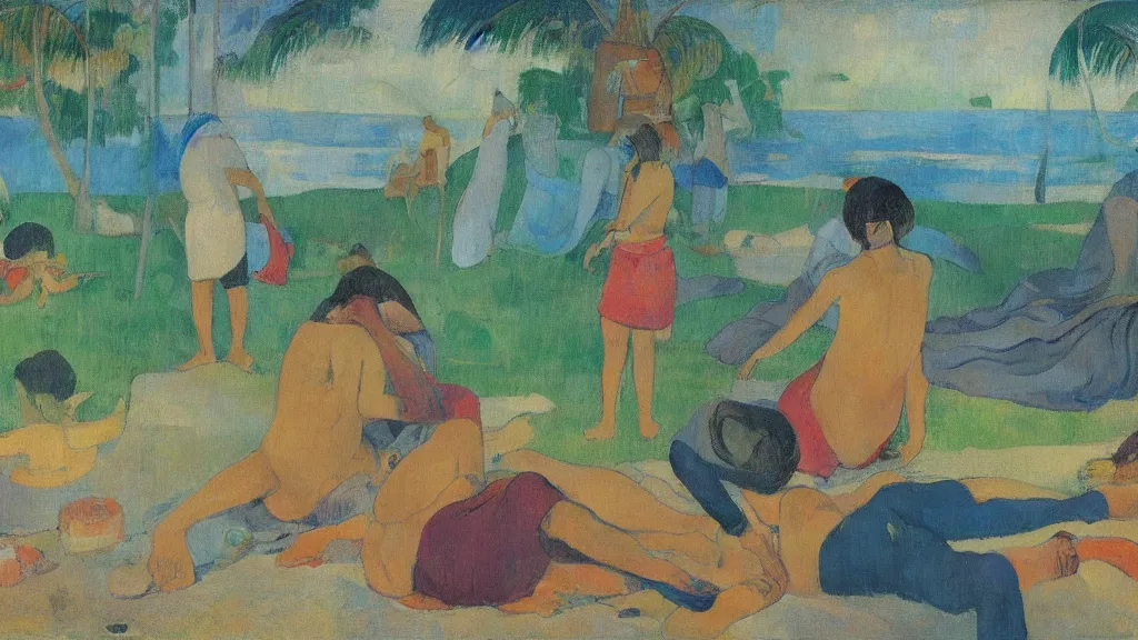 Image similar to chilled study lo fi hiphop, in style of paul gauguin, 4 k, high resolution details,