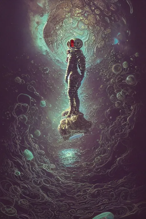 Image similar to close up shot of a full body floating astronaut portrait water elemental, james gurney, peter mohrbacher, mike mignola, black paper, mandelbulb fractal, trending on artstation, exquisite detail perfect, hyper detailed, intricate ink illustration, black background