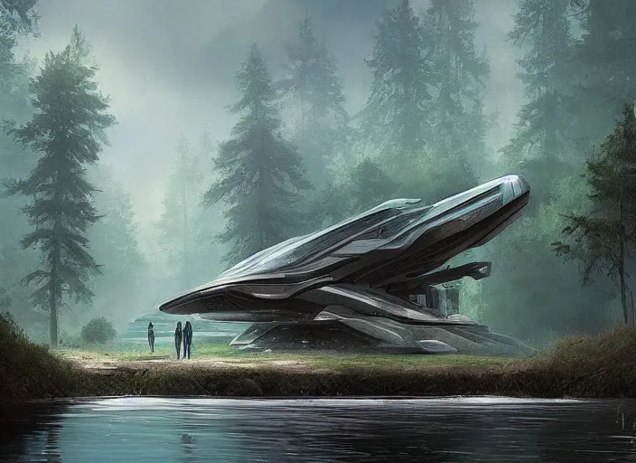 Prompt: a spaceship emerging from a lake, forest by Raoul Vitale and Greg Rutkowski