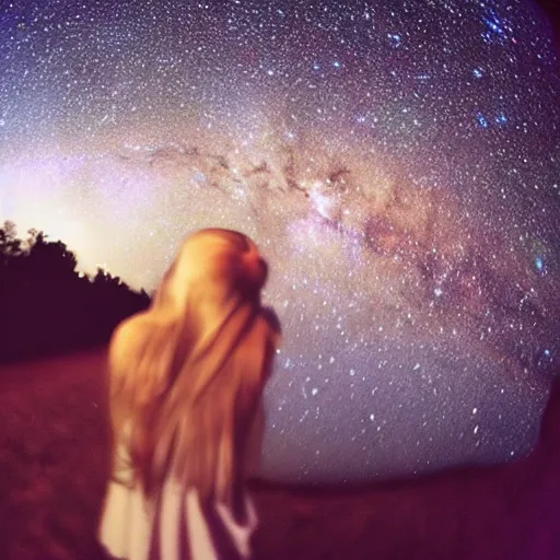 Prompt: “Detailed photo of a white, adolescent girl as seen from the side from the shoulders up. The girl has shoulder-length straight blonde hair and blue eyes. She is looking up slightly at a night sky filled with dazzling stars with a hopeful, awe-filled expression. Illumination from starlight. 4K”