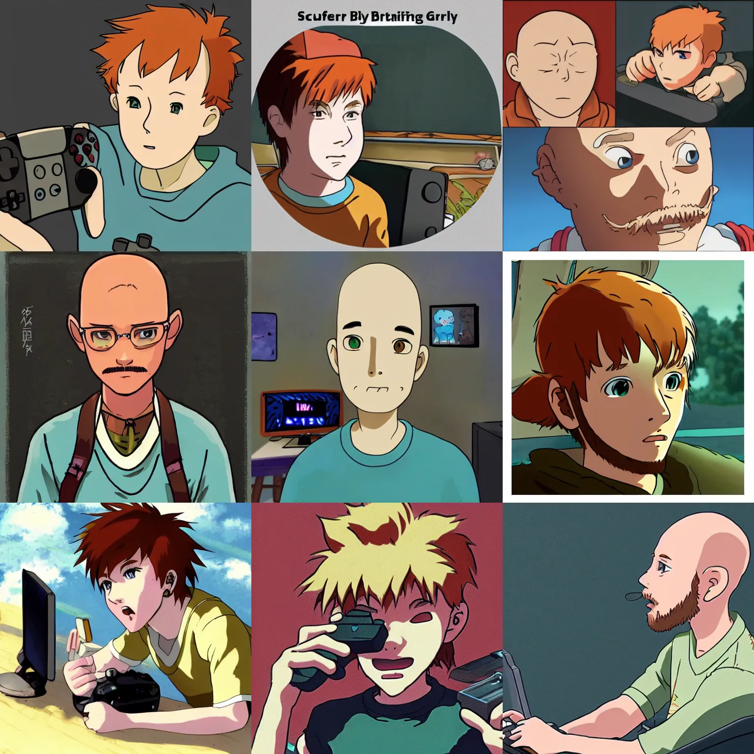 Prompt: Scruffy bald ginger boy, plays videogames, streaming on twitch, by studio ghibli, Dramatic aRt,