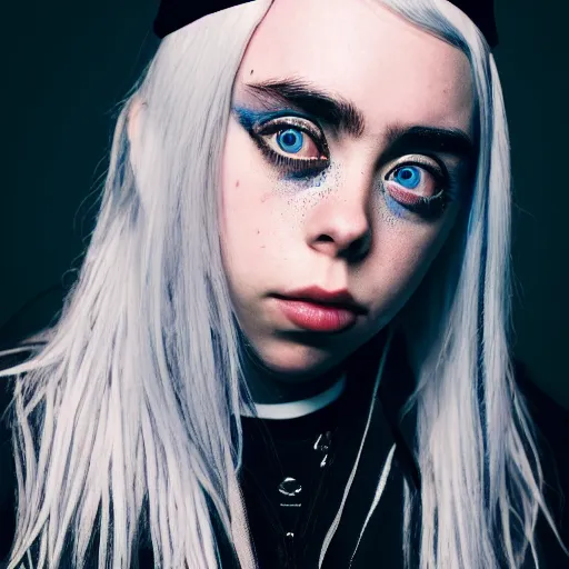 Image similar to Portrait of Billie Eilish with enormous Anime eyes, vogue, perfect face, intricate, Sony a7R IV, symmetric balance, polarizing filter, Photolab, Lightroom, 4K, Dolby Vision, Photography Award