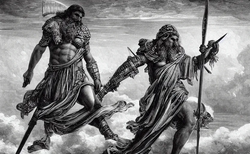 Image similar to highly detailed and cinematic romantic the great greek warrior with a spear piercing the edge of the universe, symmetrical face, magical, greek myth, masterpiece, from the book of the long sun by gene wolfe, highly detailed painting by gustave dore