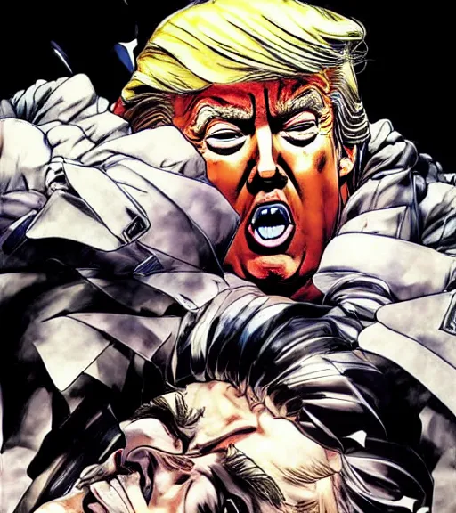 Prompt: a scene of donald trump being smothered with a pillow, comic book art, by yoji shinkawa and takehiko inoue and kim jung gi, masterpiece, perfect