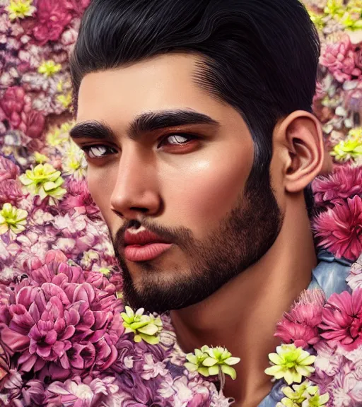 Image similar to portrait of a very handsome peruvian male model, surrounded by flowers by karol bak, james jean, tom bagshaw, rococo, trending on artstation, cinematic lighting, hyper realism, octane render, 8 k, hyper detailed.