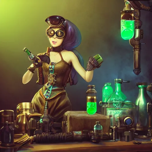 Image similar to subject = (steampunk alchemist with goggles concentrating on her latest creation), foreground = (a flask filled with glowing green liquid, specular highlights within, volumetric light, ray traced), background = (medieval alchemical workshop, filled with supplies), by ross tran, cgsociety, artstation, digital art, highly detailed, beautiful, award winnning, action action action, tilt shift, dramatic