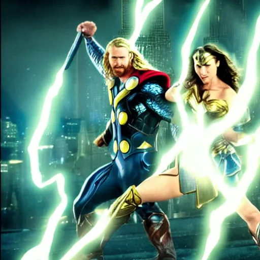 Image similar to thor and wonder woman in new york, fighting against villain electro, cinematic movie scene, epic fight, blue lightning, yellow lightning, photo, effects shot