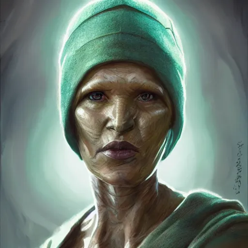 Image similar to portrait of a woman by greg rutkowski, female twi'lek, green skin, wool cap, star wars expanded universe, she is about 6 0 years old, wearing uniform of the galactic alliance navy, highly detailed portrait, digital painting, artstation, concept art, smooth, sharp foccus ilustration, artstation hq