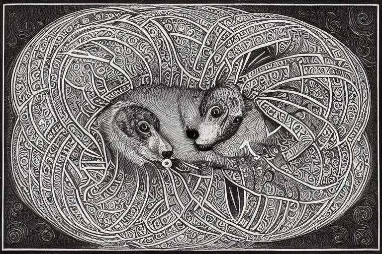 Image similar to an ornate illustration in the styles of mandalas and fractals, the styles of escher and penrose, depicting a weasel staring deep into the heart of the impossible all - and - nothing of the emerging singularity ; / what has god wrought? / he seems to be whispering.