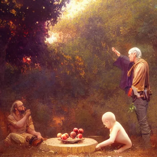 Image similar to a close - up photo of isaac newton offering a half eaten apple to steve jobs under the tree of knowledge, artwork by gaston bussiere, craig mullins, trending on artstation