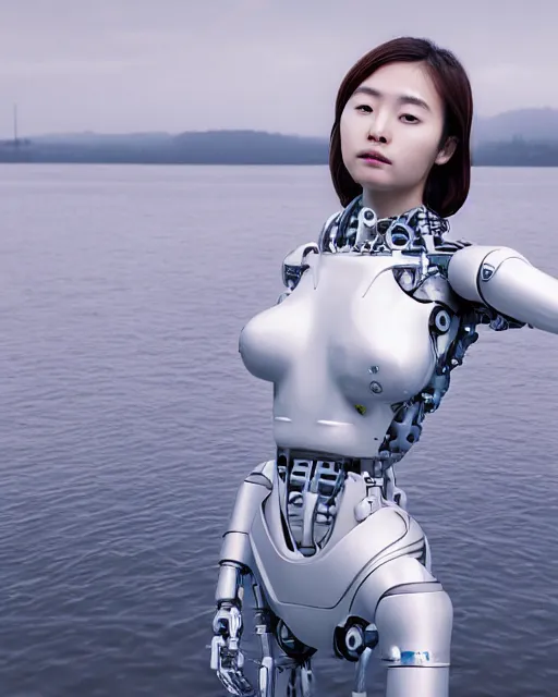 Image similar to beautiful centered fine art photo portrait of hoyeon jung as a solarpunk robotic humanoid, half body above water, white mechanical parts with bright halogen lights, ultra - realistic and detailed, white background, natural lighting, soft focus, slow exposure hdr 8 k