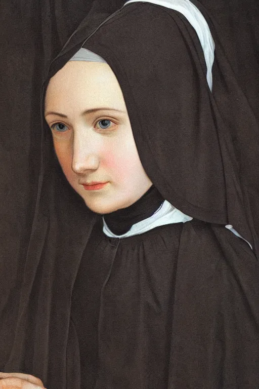 Prompt: hyperrealism extreme close-up portrait of young beautiful nun with black flowers covering face, wearing hyper detailed black clothes, in style of classicism