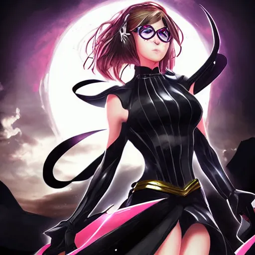 Prompt: portrait of a female anime hero fighting a giant beetle, wearing big black circle glasses, a flowing black cape and diamond armor, art by artgerm, fantasy art