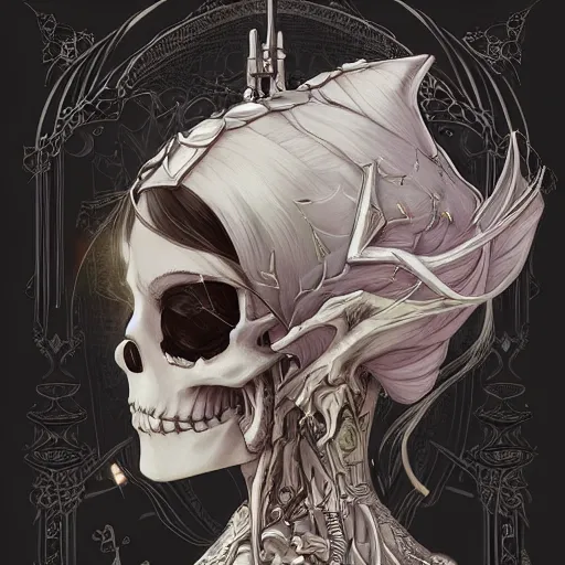 Prompt: anime manga skull profile young woman, skeleton, elf, galadriel, ethereal, unreal engine, intricate, elegant, highly detailed, digital art, art by JC Leyendecker and sachin teng