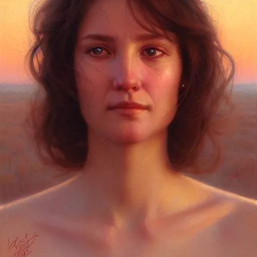 Prompt: Facial portrait of a cute shy woman, looking away from the camera, slight awkward smile, lips slightly parted, no hands visible,, intricate, extremely detailed painting by Henry Justice Ford and by Greg Rutkowski and by Moebius, golden hour