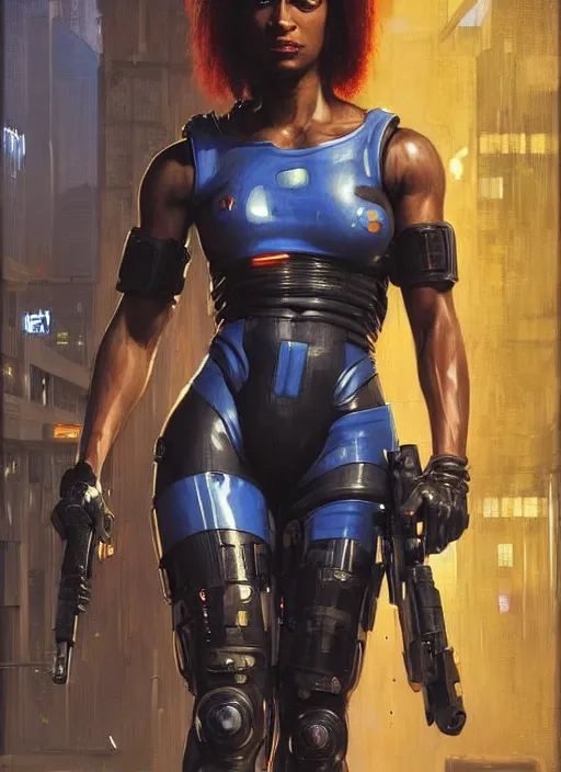 Prompt: Maria Igwe. Buff Cyberpunk policewoman with robotic legs. (Cyberpunk 2077, bladerunner 2049). beautiful face. Iranian orientalist portrait by john william waterhouse and Edwin Longsden Long and Theodore Ralli and Nasreddine Dinet, oil on canvas. Cinematic, vivid colors, hyper realism, realistic proportions, dramatic lighting, high detail 4k