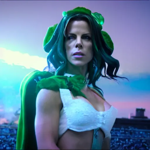 Image similar to cinematic scene with kate beckinsale as jolyne from jojo's bizarre adventure, live action film, stone ocean, dramatic, small details, volumetric lighting, still frame