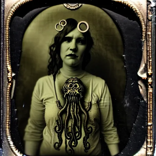 Image similar to tintype ambrotype daguerreotype of a cthulhu priestess adorned in occult jewelery with tentacle hair. emerging walking out of a slithering baroque frame. she is high priestess of cthulhu. tintype