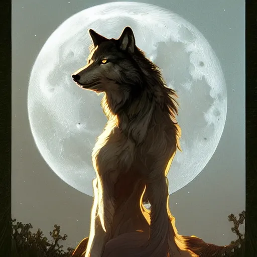Image similar to Wolf, moon in the background, intricate, elegant, highly detailed, digital painting, artstation, concept art, smooth, sharp focus, illustration, art by artgerm and greg rutkowski and alphonse mucha