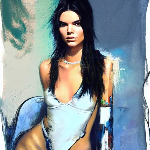 Image similar to fashion model kendall jenner by Alec Monopoly by Richard Schmid by Jeremy Lipking by moebius by atey ghailan