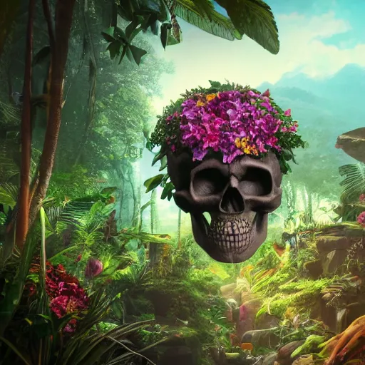 Image similar to Skull and jungle environment, many flowers and one treasure chest by Skull, atmospheric, octane render, 8k, cinematic, hyperrealism, artstation, HDR, cgisociety, smooth, volumetric lighting