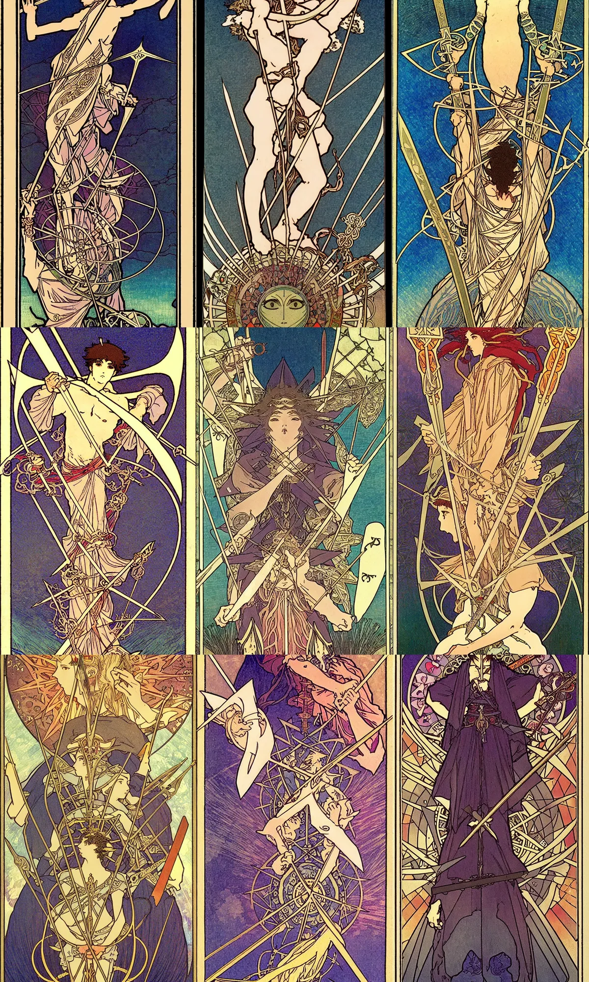 Prompt: tarot card, 3 swords. the three of swords shows a heart pierced by three swords, dark clouds gathering in the background. heartbreak, emotional pain, sorrow, grief, hurt, negative self - talk, releasing pain, optimism, forgiveness. art by mucha, studio ghibli, anime, manga