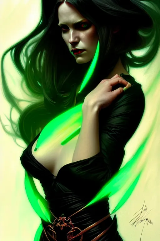 Image similar to portrait of a dark fantasy seductive female necromancer, stylish black dress, green eyes, long red hair, fantasy, elegant, intricate, full frontal shot, highly detailed, digital painting, artstation, concept art, sharp focus, illustration, art by artgerm and greg rutkowski and alphonse mucha