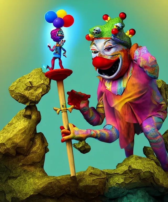 Image similar to clown frog king pulls the sword from the stone, clown frog king wearing clown makeup and rainbow wig, clown crown artwork by Todd Schorr, 3D rendering by Beeple