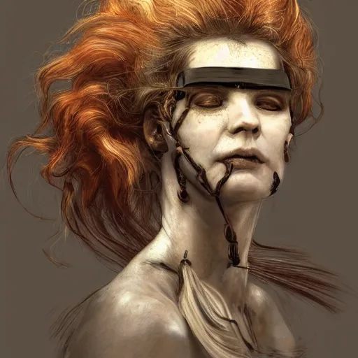 Image similar to portrait of a Shibari rope wrapped face and neck, headshot, insanely nice professional hair style, dramatic hair color, digital painting, of a old 17th century, old cyborg merchant, amber jewels, Art Nouveaux, ornate clothing, scifi, realistic, hyperdetailed, chiaroscuro, concept art, art by Franz Hals and Jon Foster and Ayami Kojima and Amano and Karol Bak,