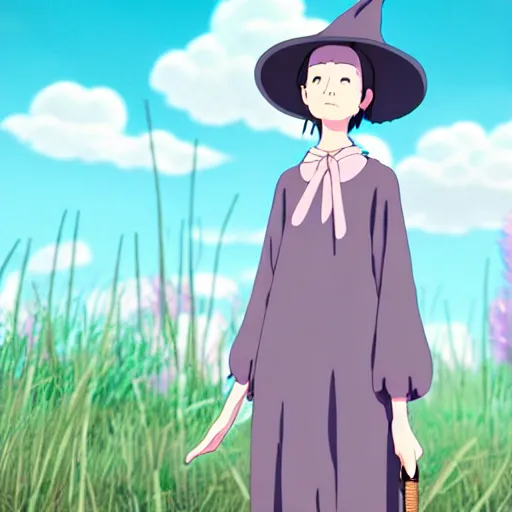 Image similar to A young adult witch with a pastel lesbian aesthetic, Studio Ghibli, character design, fantasy, 8k resolution