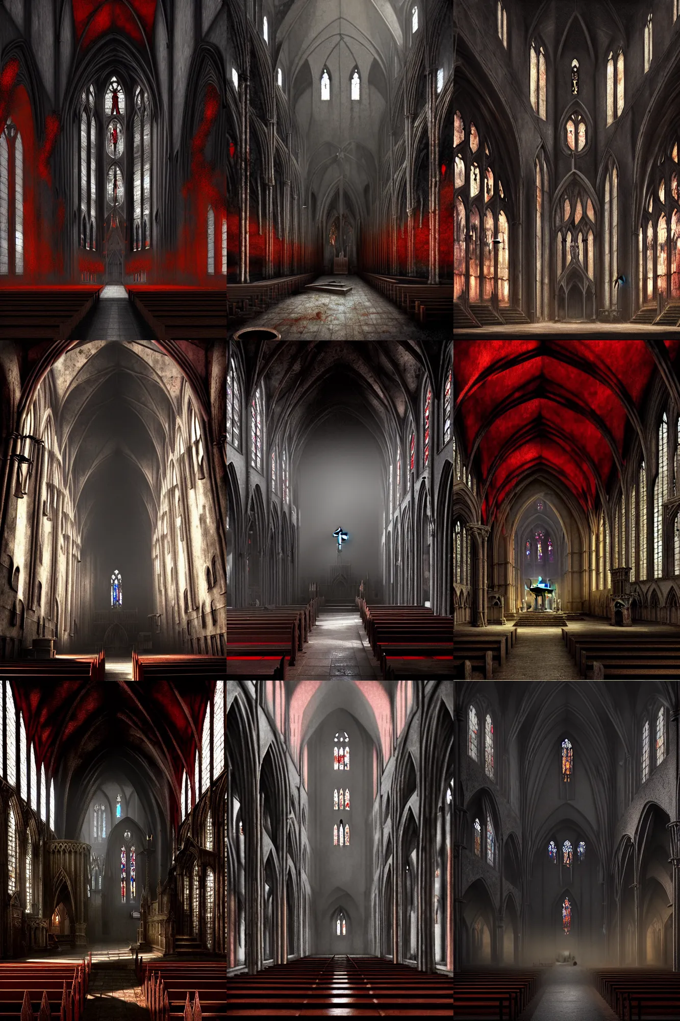 Prompt: a matte painting of the interior of a gothic church, digital painting, concept art, rusty metal walls, broken pipes, dark colors, muted colors, red lighting, tense atmosphere, church cathedral, mist floats in the air, amazing value control, muted colors, moody colors, dramatic lighting, in the style of frank frazetta, sharp focus