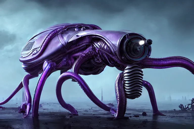 Image similar to alien military three legged tripedal tripod, metal laser tentacles, purple, futuristic, apocalyptic, by jon aaron kambeitz, katsuhiro otomo, heng z, concept art, insanely detailed, raytracing, octane, unreal engine, trending on artstation