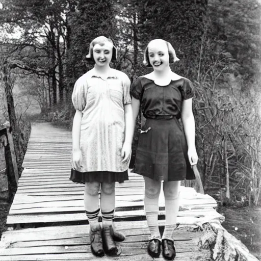 Prompt: a vintage 1 9 3 0 s photograph of three cheerful young ladies posing on a timber bridge in the countryside.