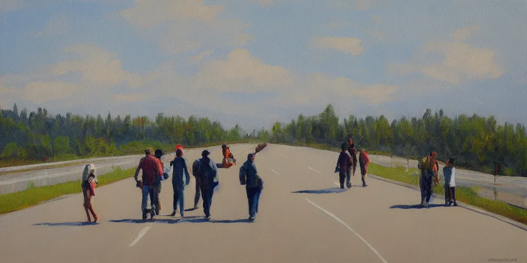 Prompt: People strolling along the highway, Martin Handford painting style.