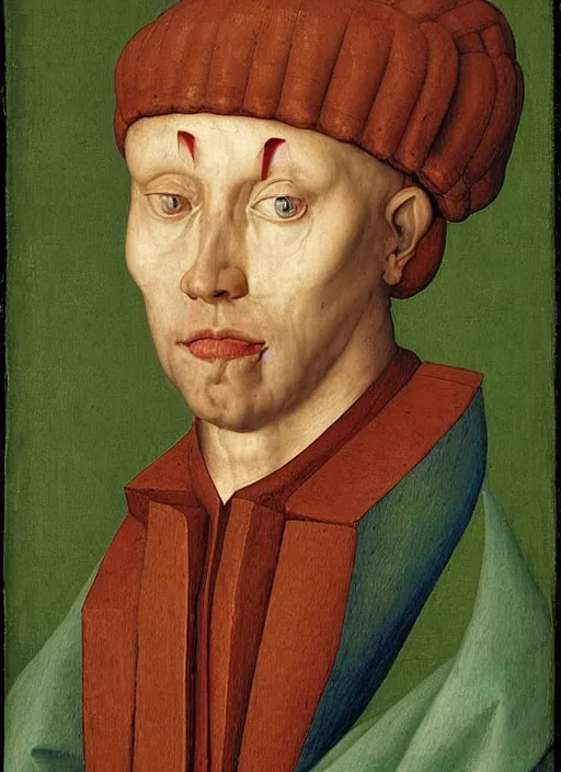 Prompt: a portrait of a half-human, half-machine cybord by Jan van Eyck