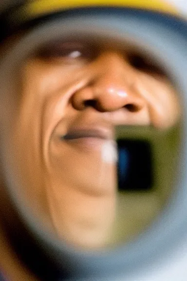 Prompt: a very close up fish eye lens photo of Obama