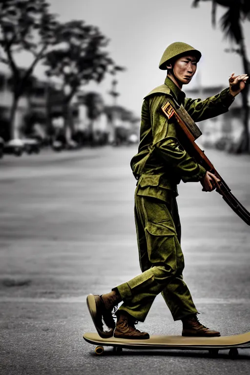 Image similar to vietnam soldier with skateboard, photography, pulitzer style, hyperrealistic, vogue magazine photo style, dynamic composition, intricate, proportional perfect, dynamic comfortable posse, smooth, sharp focus, captured by nikon d 8 5 0, 4 k, full body. by daniel berehulak