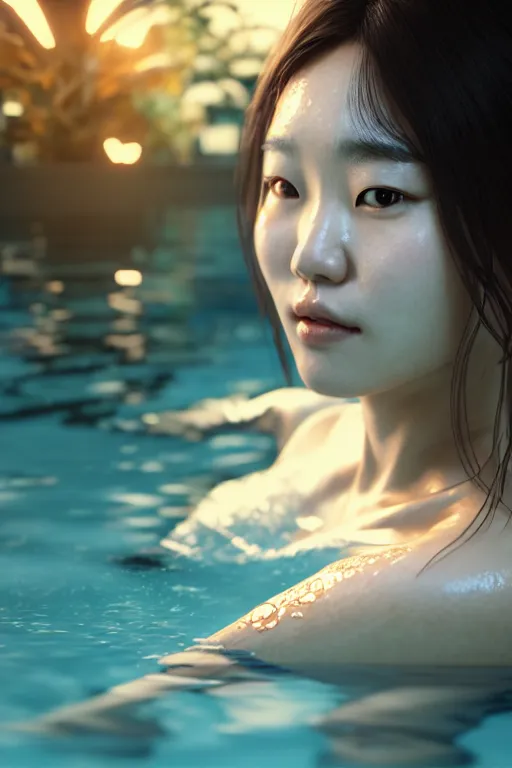 Image similar to portrait of hoyeon jung, face emerging from pool of water with high detail, 8 k, stunning detail, photo by artgerm, greg rutkowski and alphonse mucha, unreal engine 5, 4 k uhd