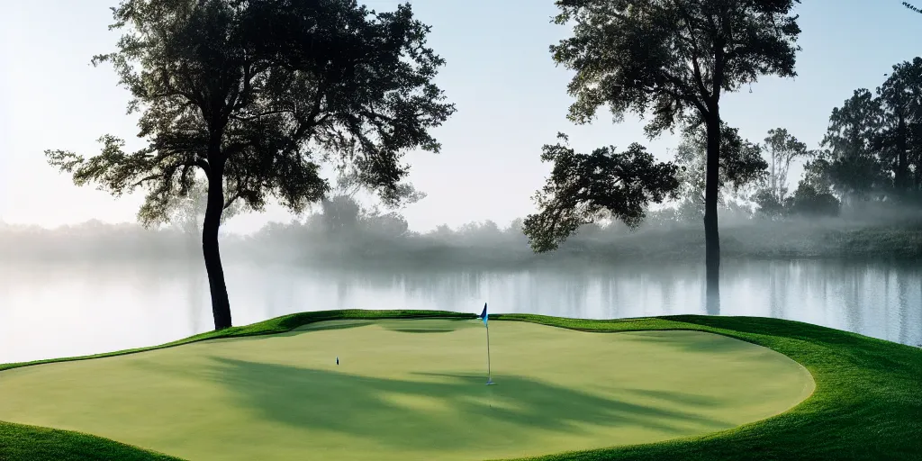 Image similar to a great photograph of the most amazing golf hole in the world completely surrounded by water, calm water, perfect light, ambient light, 5 0 mm, golf digest, top 1 0 0, fog