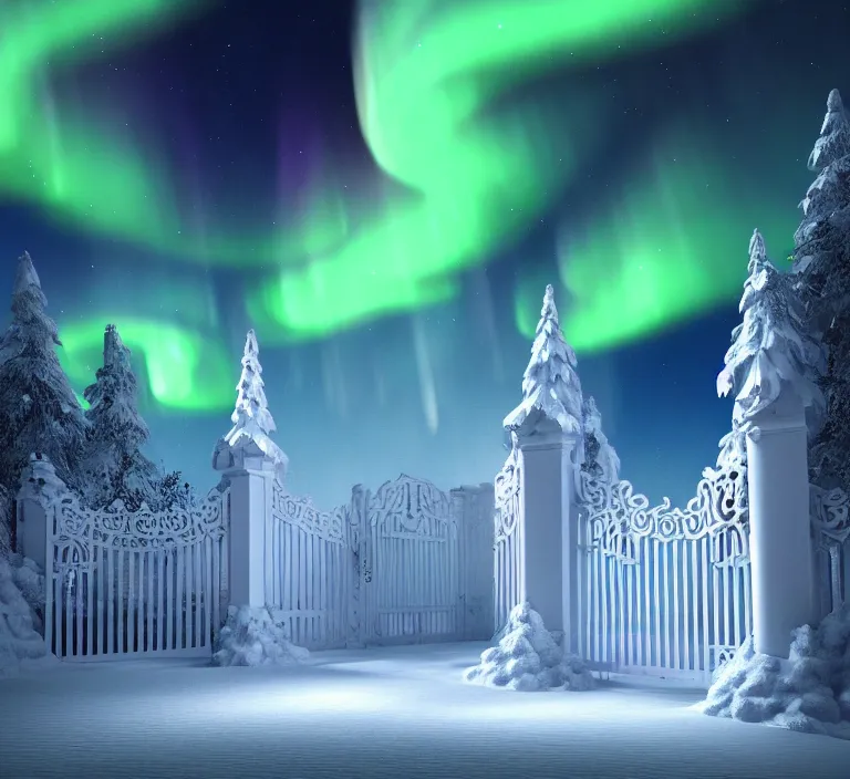 Image similar to a very detailed concept art of intricate and scandinavian white gates to aurora borealis infused with magic, dynamic lighting trending on artstation, symmetry, digital art, 4 k, hyper realistic, octane render, sharp focus