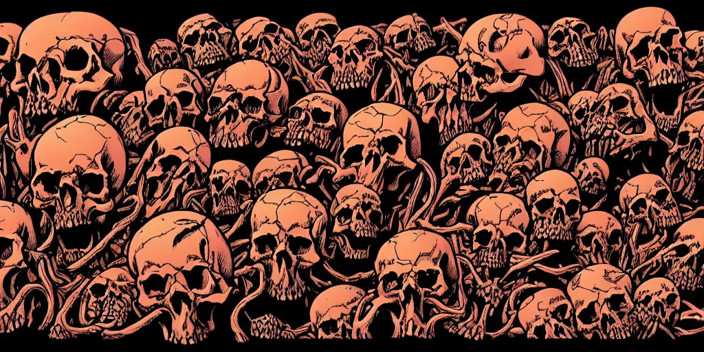 Prompt: a !!!!hellish landscape of skulls of different sizes, bones and flesh. Marvel comic style.