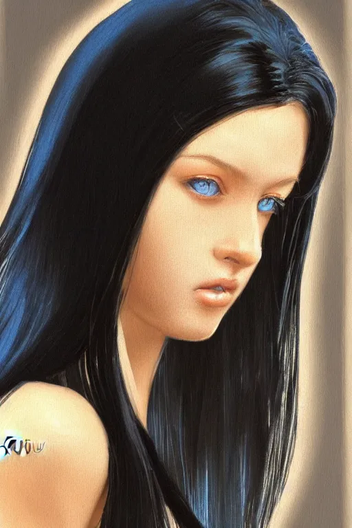 Prompt: portrait of teenage girl with glossy black hair, blue eyes, glowing porcelain skin, fashion model features, dar!dream portrait of teenage girl with glossy black hair, blue eyes, glowing porcelain skin, fashion model features, dark academia, intricate, elegant, highly detailed, digital painting, artstation, concept art, smooth, sharp focus, illustration, art by Krenz Cushart and Artem Demura and alphonse mucha