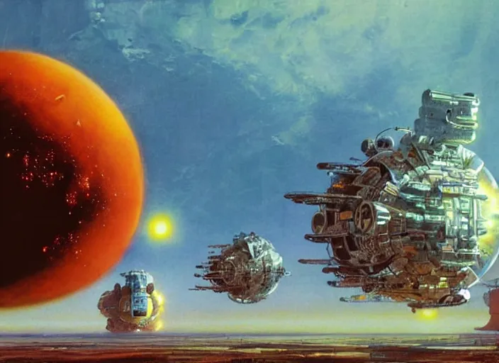 Prompt: orbital, cinematic matte painting, peter elson, chris foss, john berkey, terran trade authority