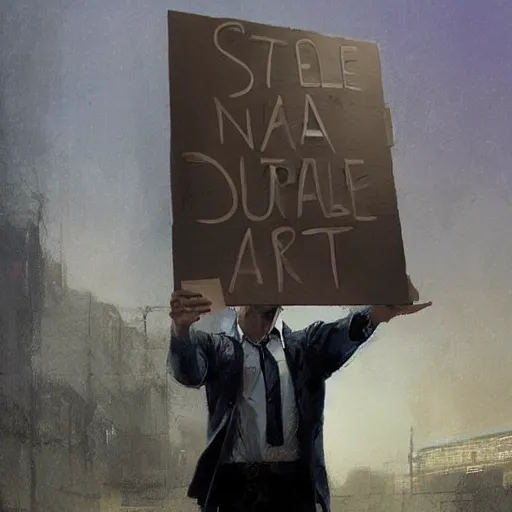 Image similar to a man holding up a sign that says stable diffusion, dreamlike, pastel art by greg rutkowski