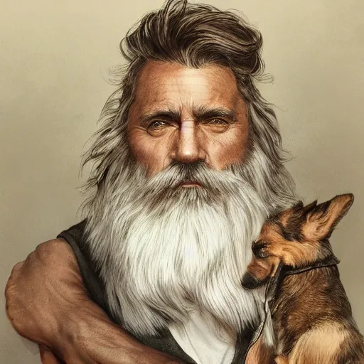 Image similar to close up portrait of a old, ruggedly handsome bearded man holding corgi dog, soft hair, muscular, half body, cloth, d & d, fantasy, intricate, elegant, highly detailed, digital painting, artstation, concept art, smooth, sharp focus, illustration, art by artgerm and greg rutkowski and alphonse mucha