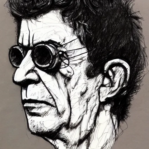 Image similar to a realistic yet scraggly portrait sketch of the side profile of a stern and sophisticated lou reed, trending on artstation, intricate details, in the style of frank auerbach, in the style of sergio aragones, in the style of martin ansin, in the style of david aja, in the style of mattias adolfsson