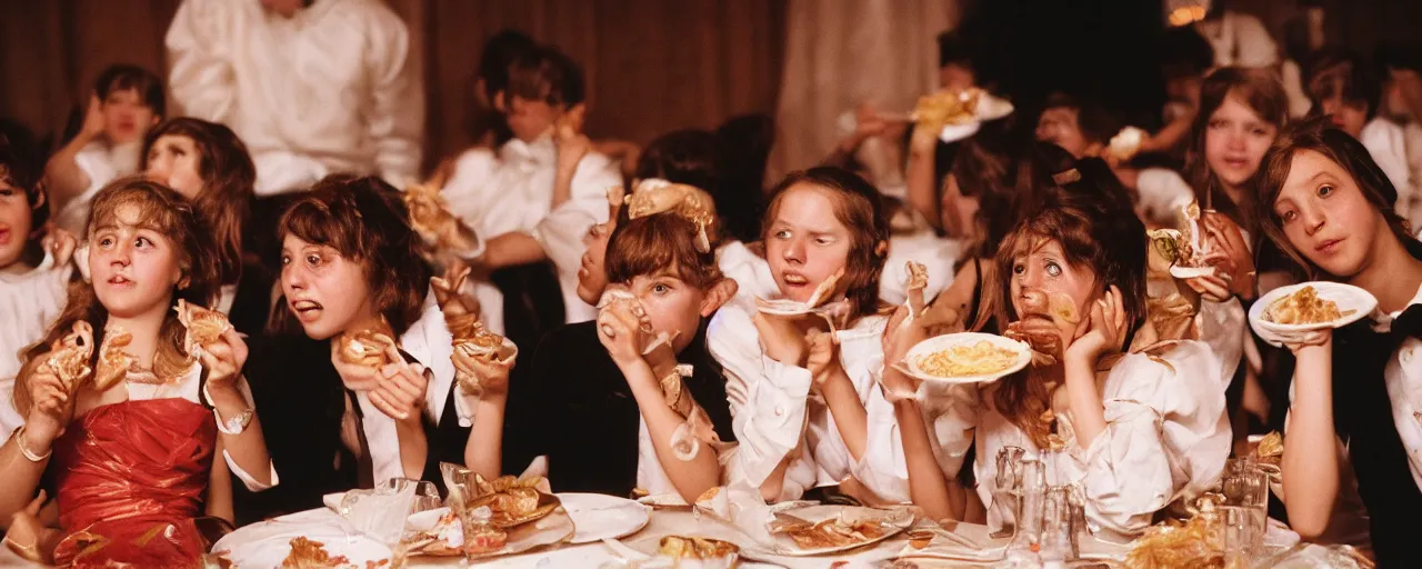 Image similar to young people eating spaghetti at a cotillion dance, fancy outfits, high detailed face, facial expression, small details, intricate, canon 5 0 mm, high detail, intricate, cinematic lighting, photography, wes anderson, film, kodachrome