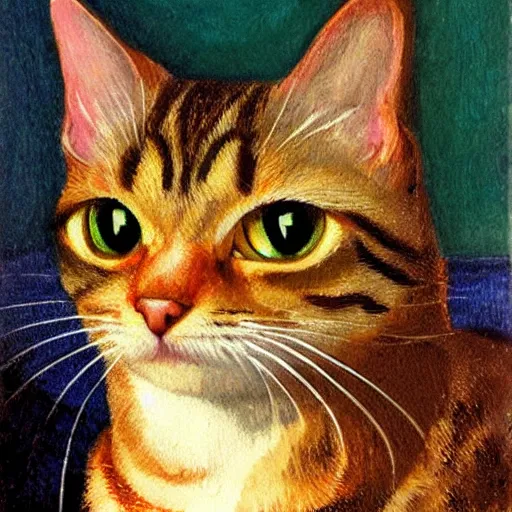 Prompt: Portrait of a tabby Cat in the style of the Mona Lisa